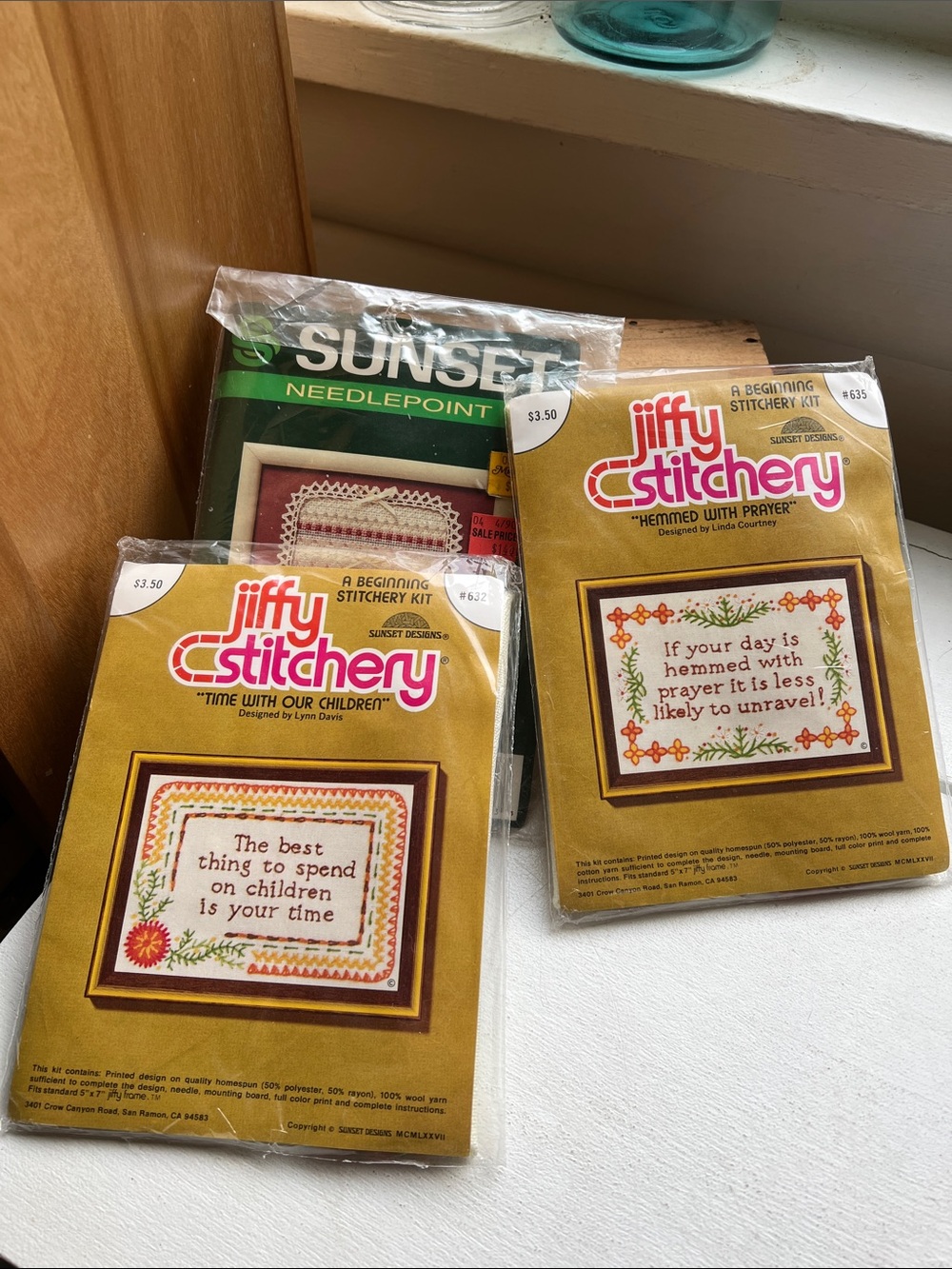 Sunset Needlepoint Jiffy Stitchery Home Art Kits Cream, Red, Green set of 3